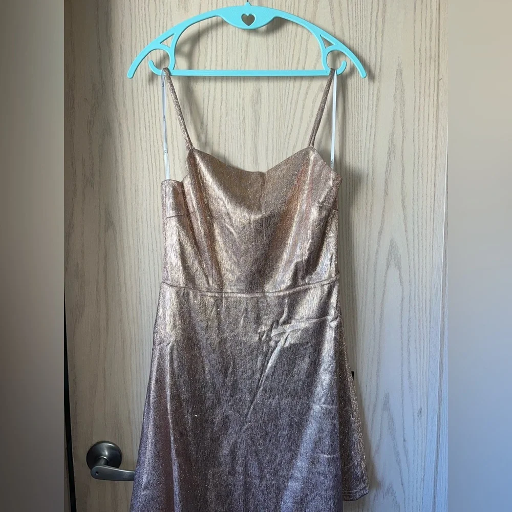 LULU’S- Gorgeously Glowing Shiny Rose Gold Mini Skater Dress - NWT - Picture 2 of 15